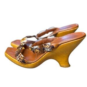 SERGIO ROSSI Sandals Wooden Wedge Heel Leather Slide Shells Brown Size 37 US 7